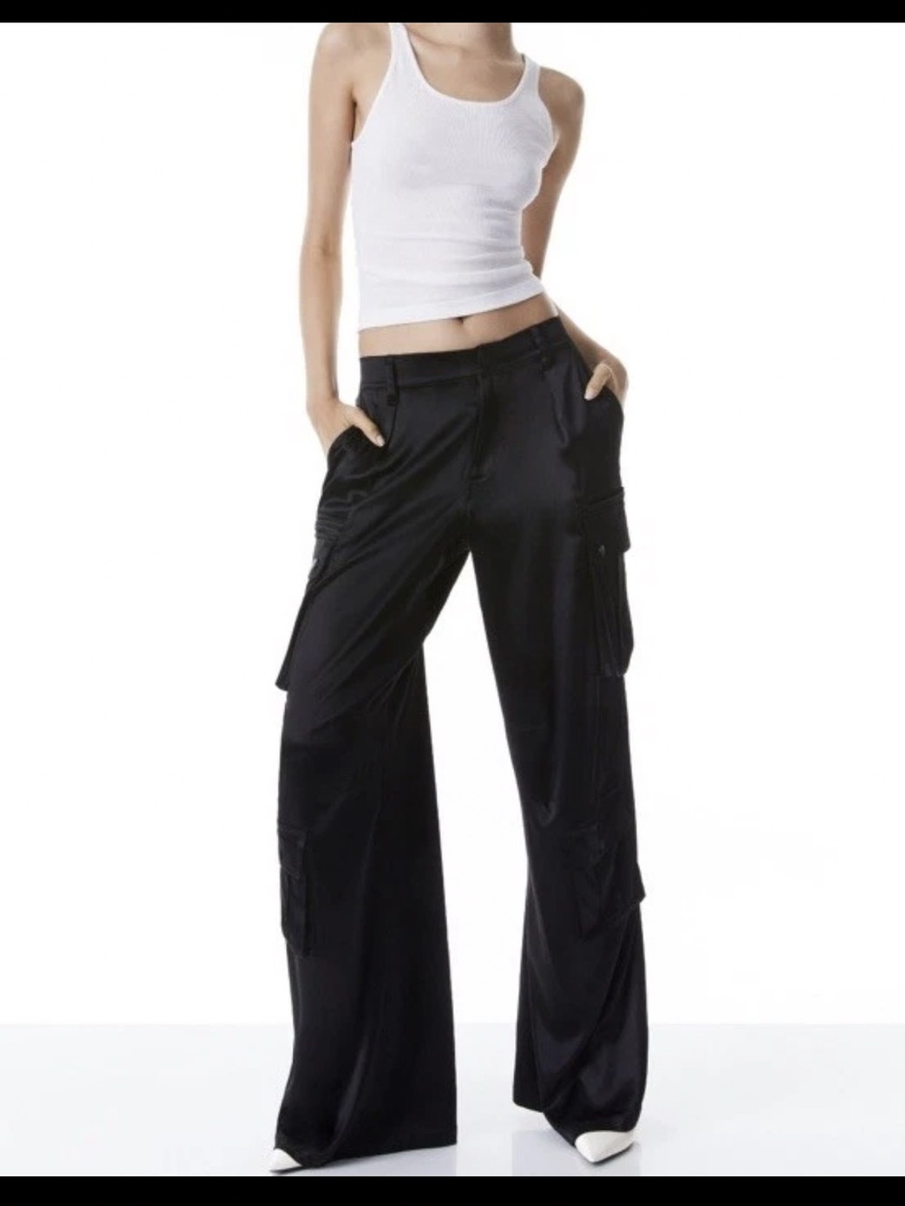 Alice & Olivia black satin cargo pants